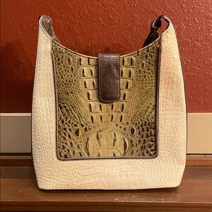 Brahmin Medium Asher Melbourne Olive/Cream Two Toned Croc-Embossed Leather Purse